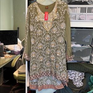 Olive Green Embroidered Long Kurta with Gold Accents - 3 Piece Suit